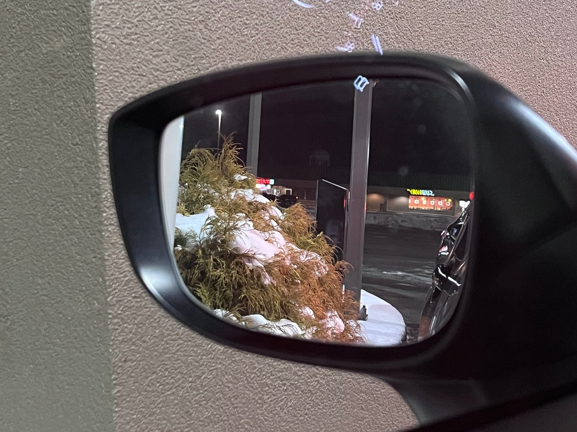 Sideview mirror showing snowy bush in drive-thru lane